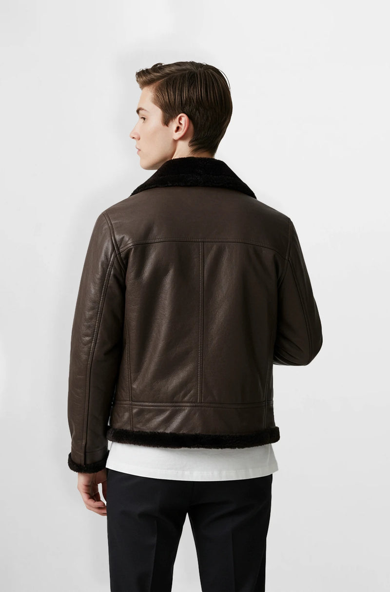 Mens Dark Brown Aviator Jacket with Black Shearling back view