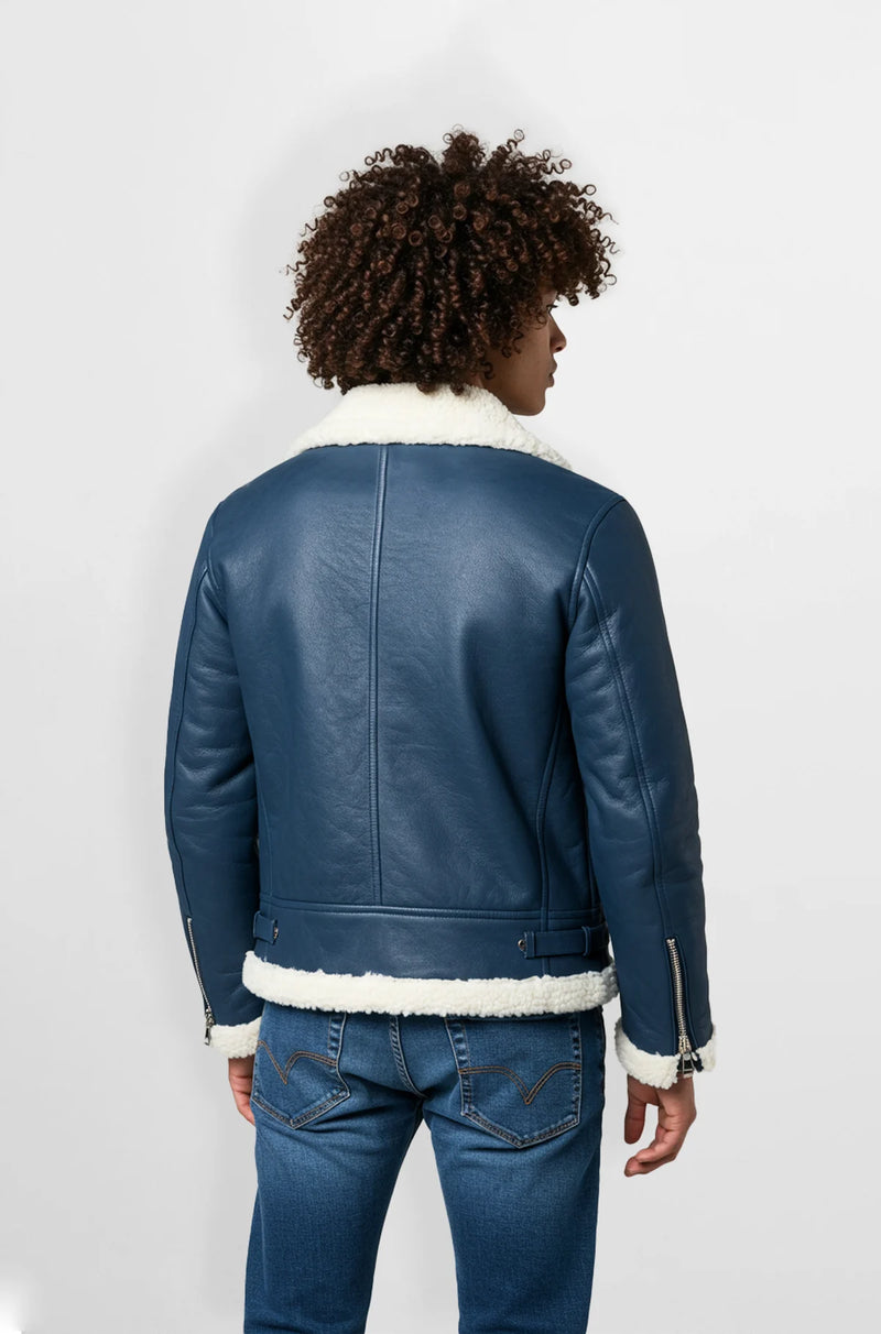 Mens Navy Blue Shearling Leather Aviator Jacket
