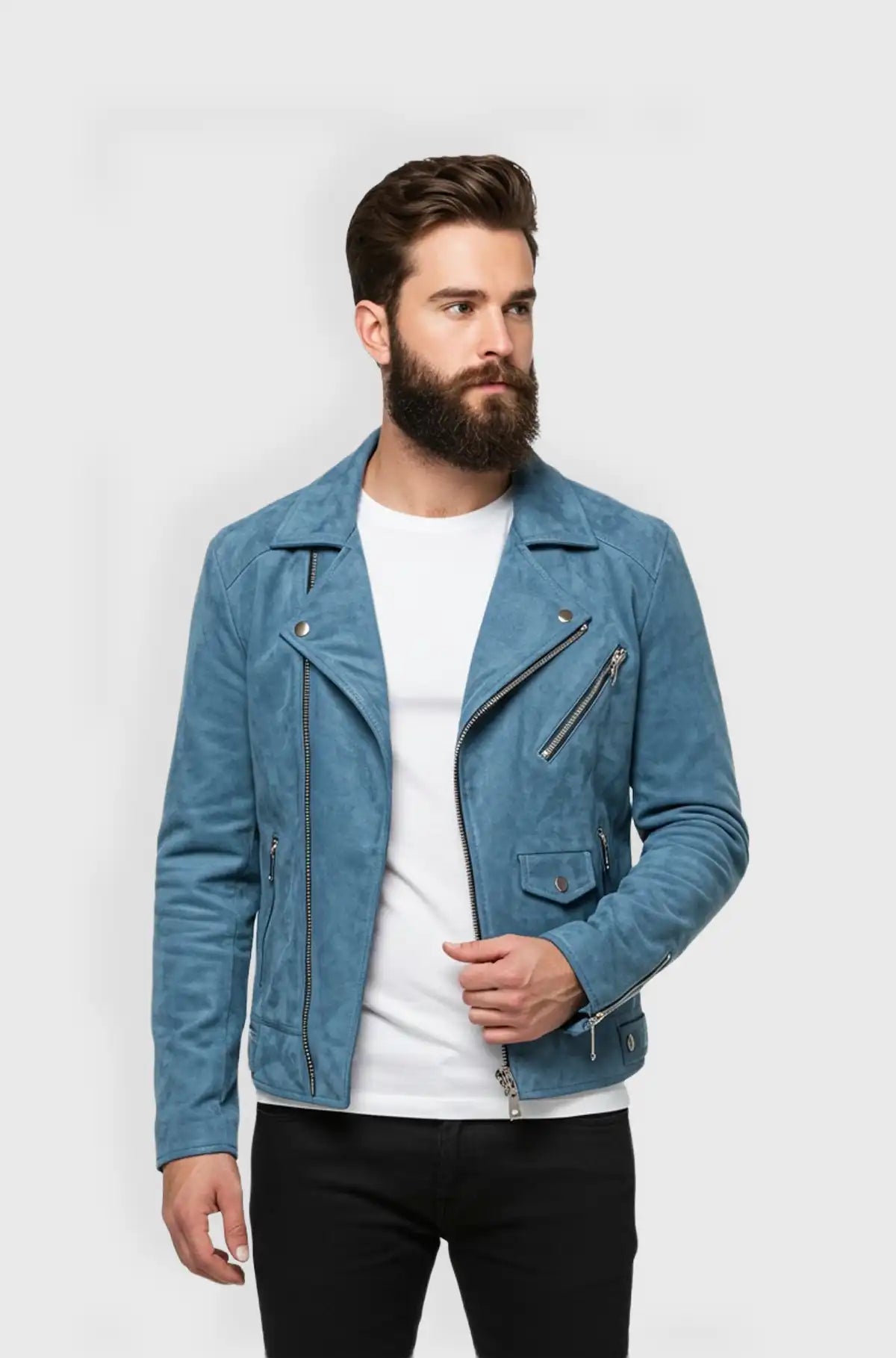 Mens Sea Blue Suede Moto Jacket