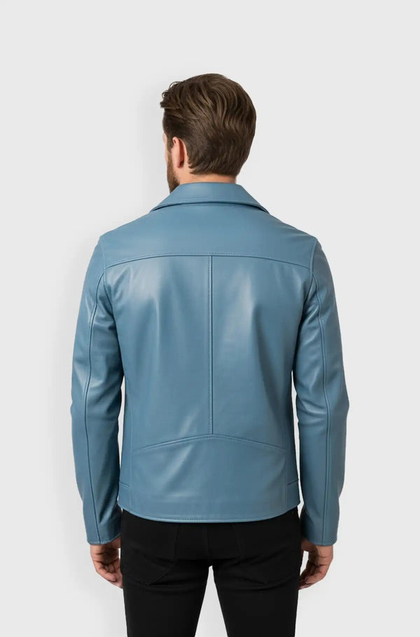 Mens Sky Blue Leather Biker Jacket