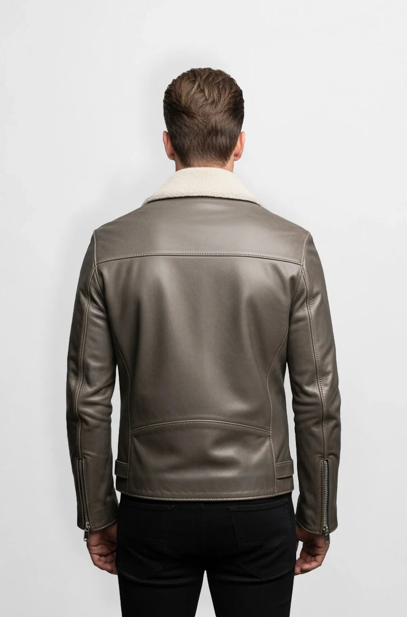 Mens Taupe Shearling Leather Biker Jacket