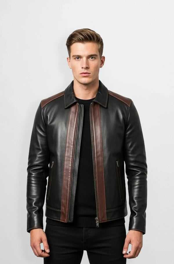 Mens Two-Tone Leather Cafe Racer Jacket