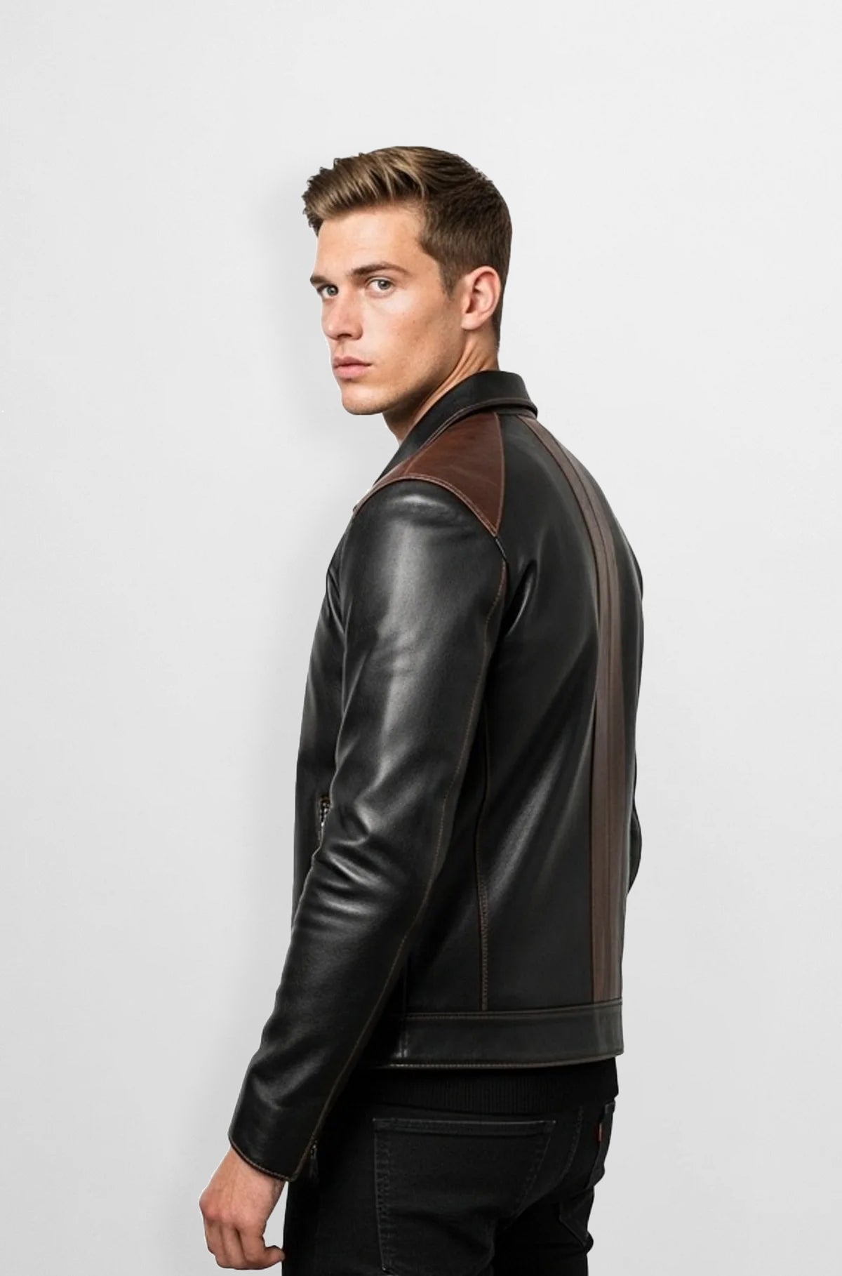 Mens Two-Tone Leather Cafe Racer Jacket