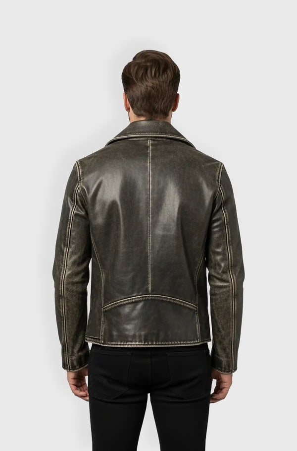 Mens Vintage Grey Leather Biker Jacket