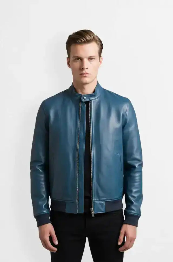 Midnight Azure Classic Leather Bomber Jacket