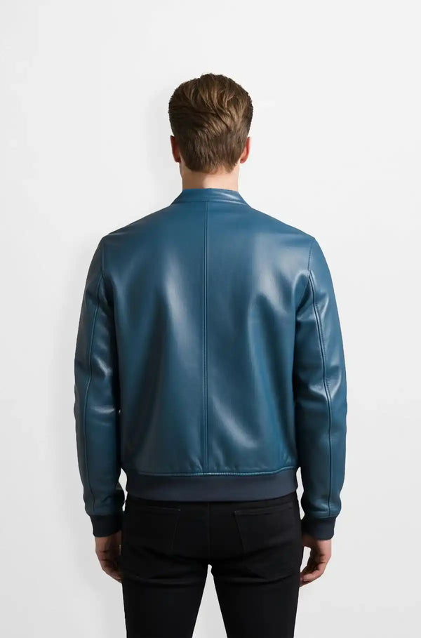 Midnight Azure Classic Leather Bomber Jacket