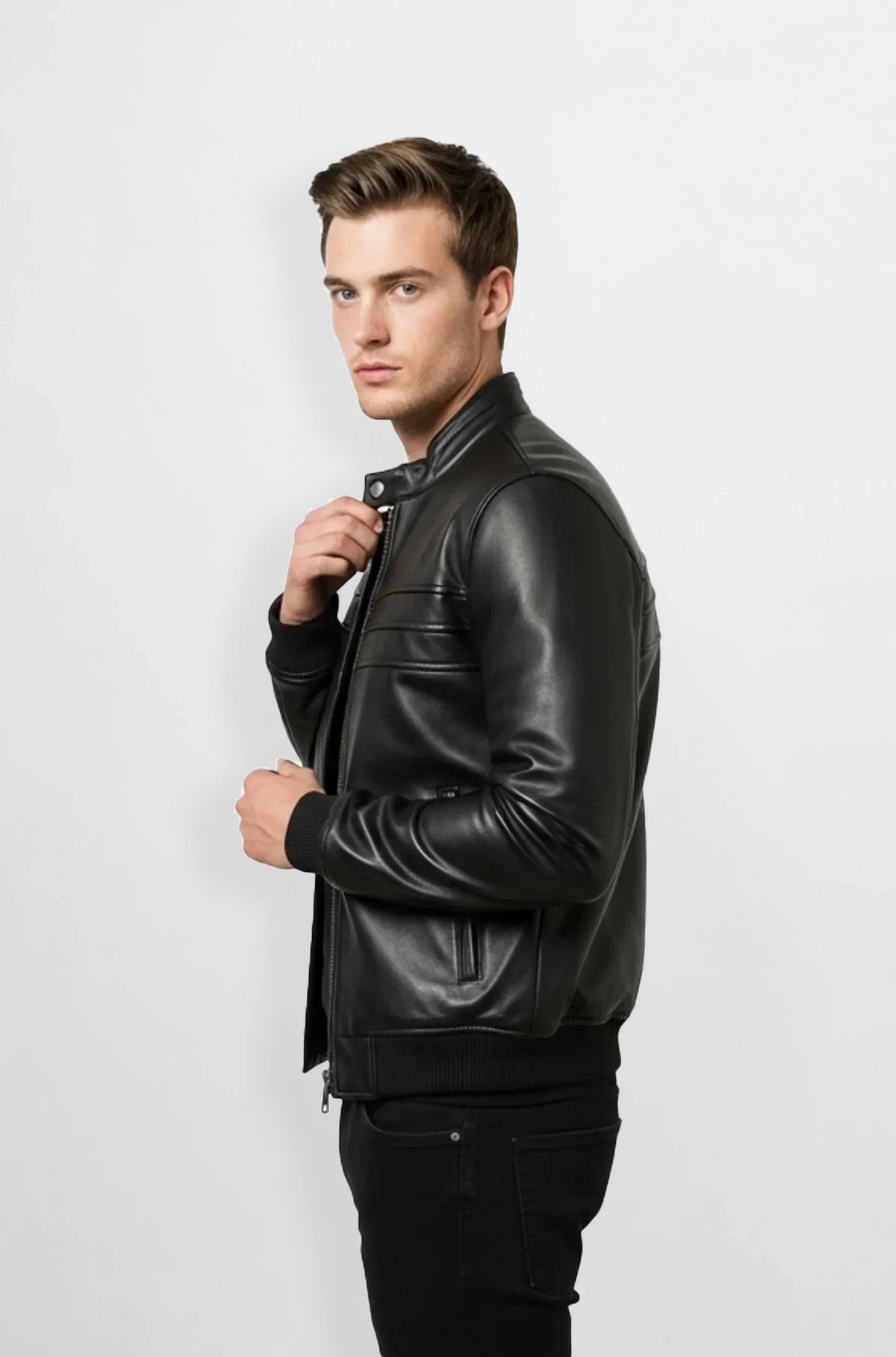 Midnight Black Cafe Racer Leather Jacket Side view