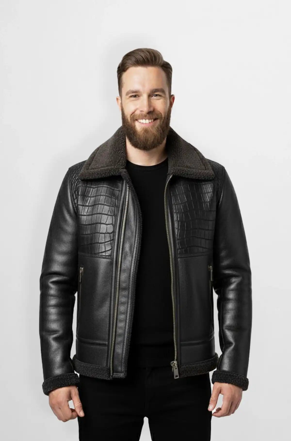 Midnight Black Crocodile Luxe Aviator Jacket
