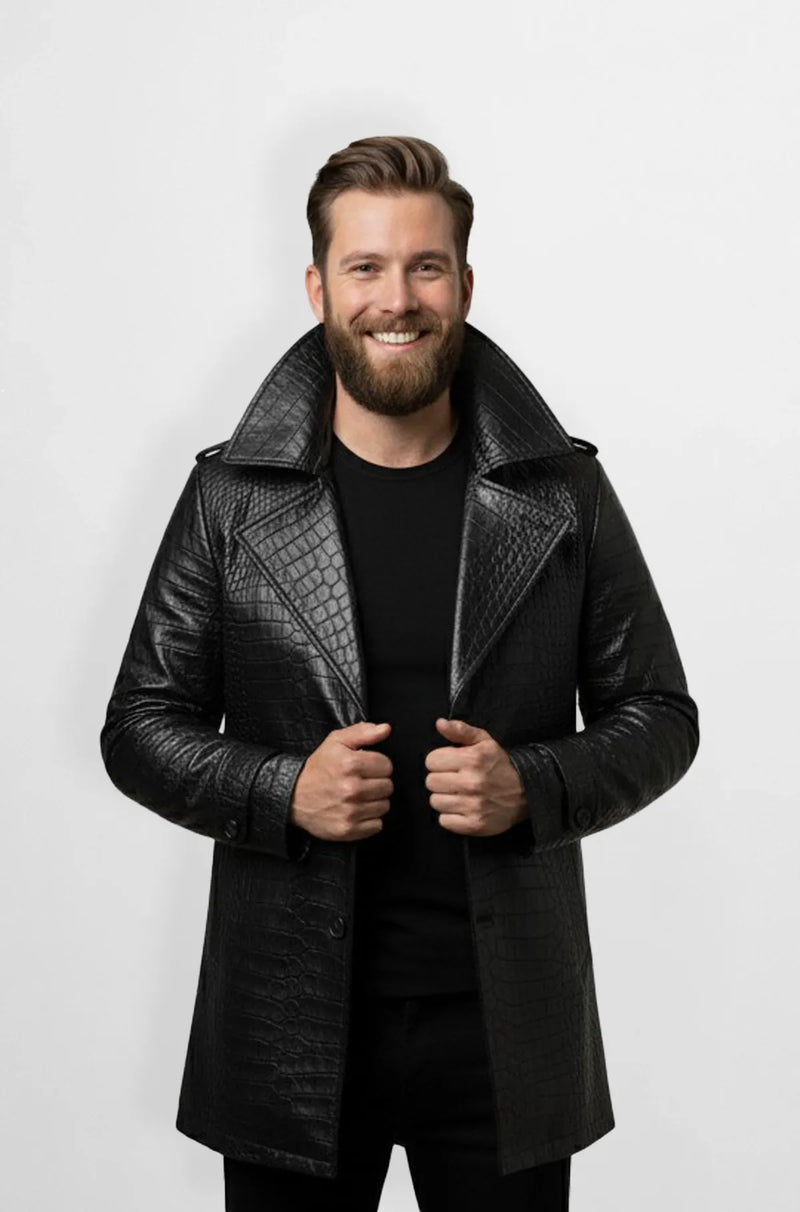 Midnight Black Leather Trench Coat