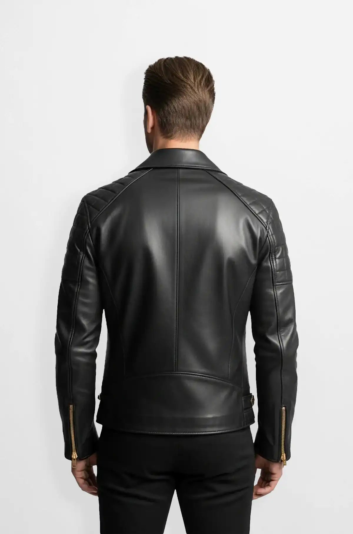 Midnight Black Quilted Biker Leather Jacket Back view