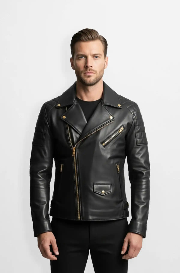 Midnight Black Quilted Biker Leather Jacket Front view