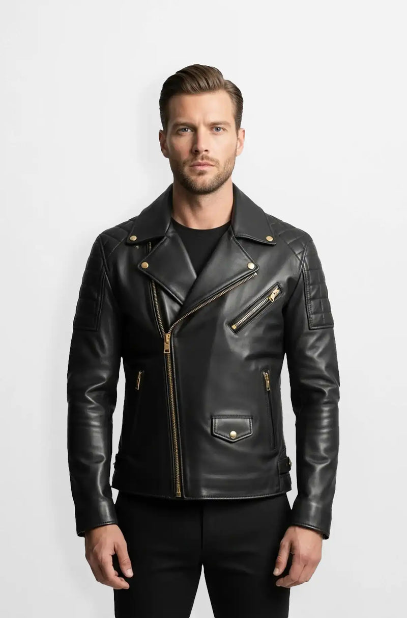 Midnight Black Quilted Biker Leather Jacket Front view