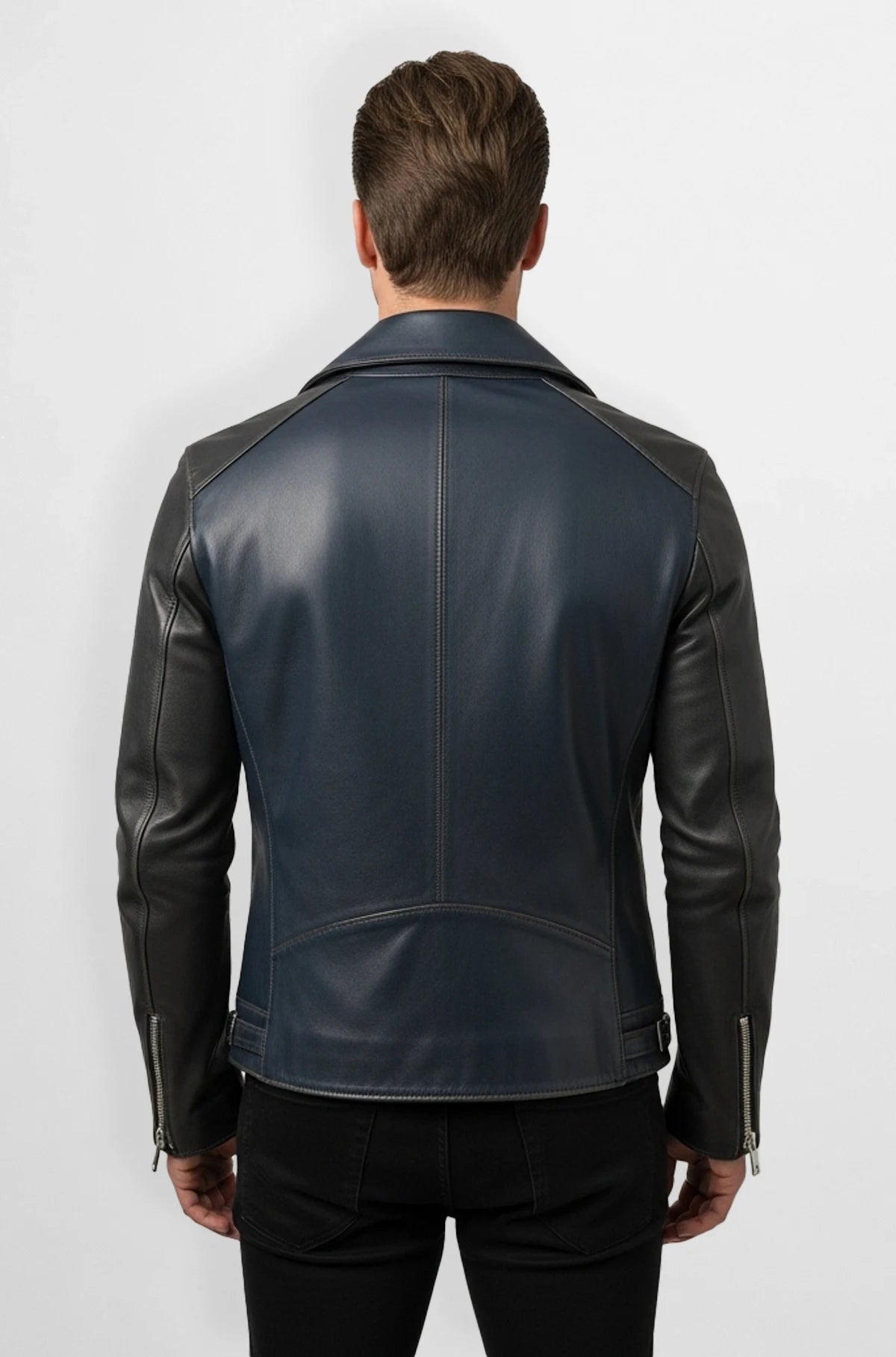 Midnight Blue Leather Moto Jacket Back view