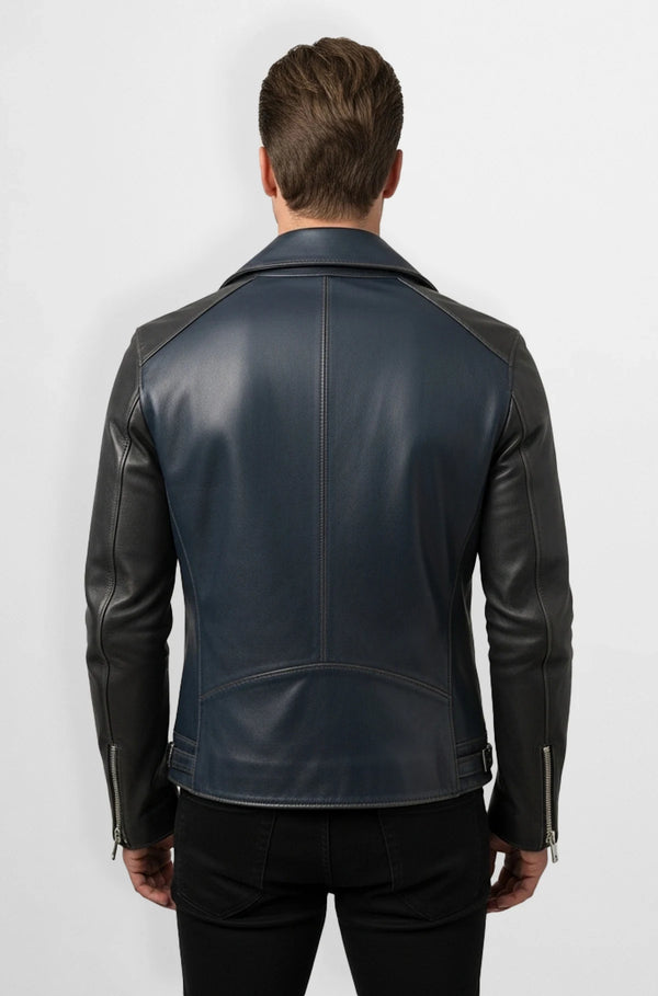 Midnight Blue Leather Moto Jacket Back view