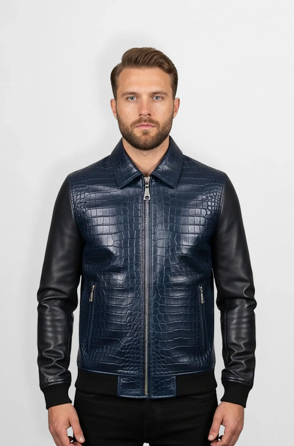 Midnight Navy Blue Crocodile Luxe Bomber Jacket