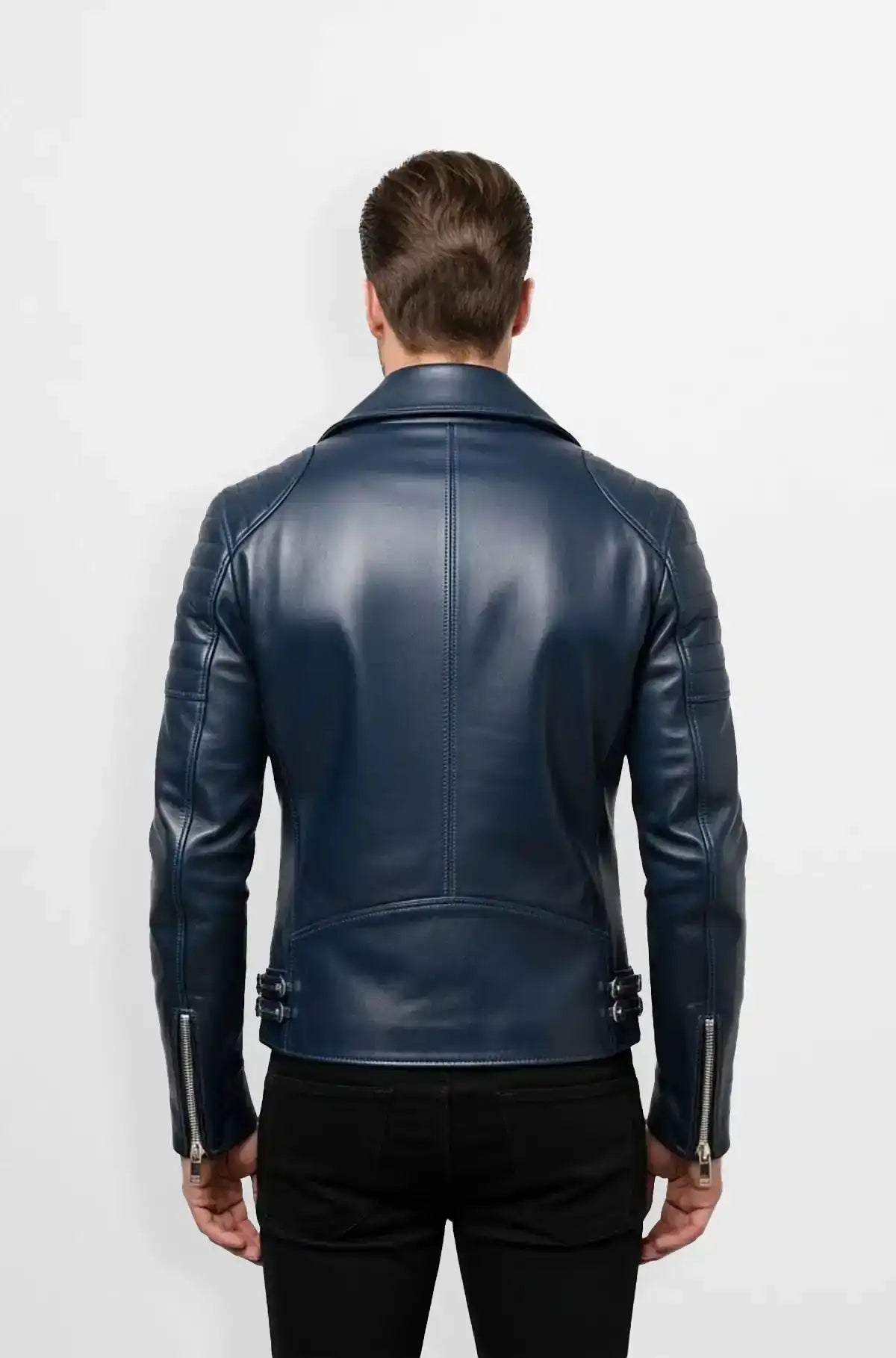 Midnight Rider Blue Biker Leather Jacket back usa