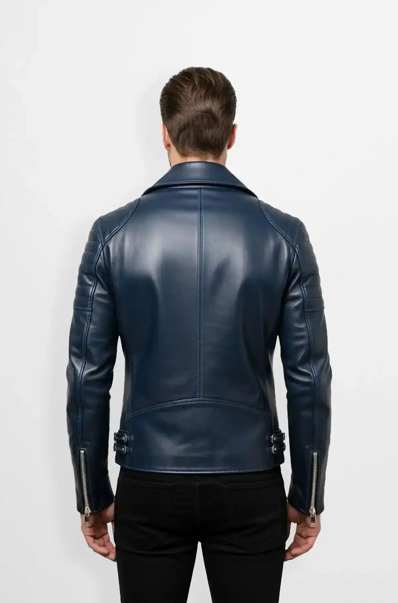 Midnight Rider Blue Biker Leather Jacket back usa