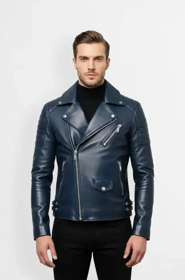 Midnight Rider Blue Biker Leather Jacket