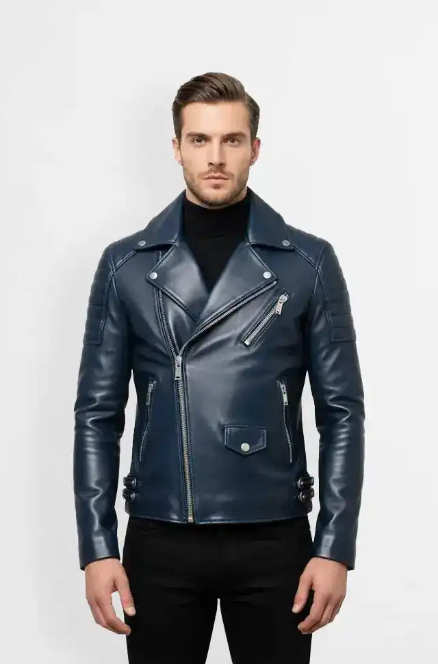 Midnight Rider Blue Biker Leather Jacket