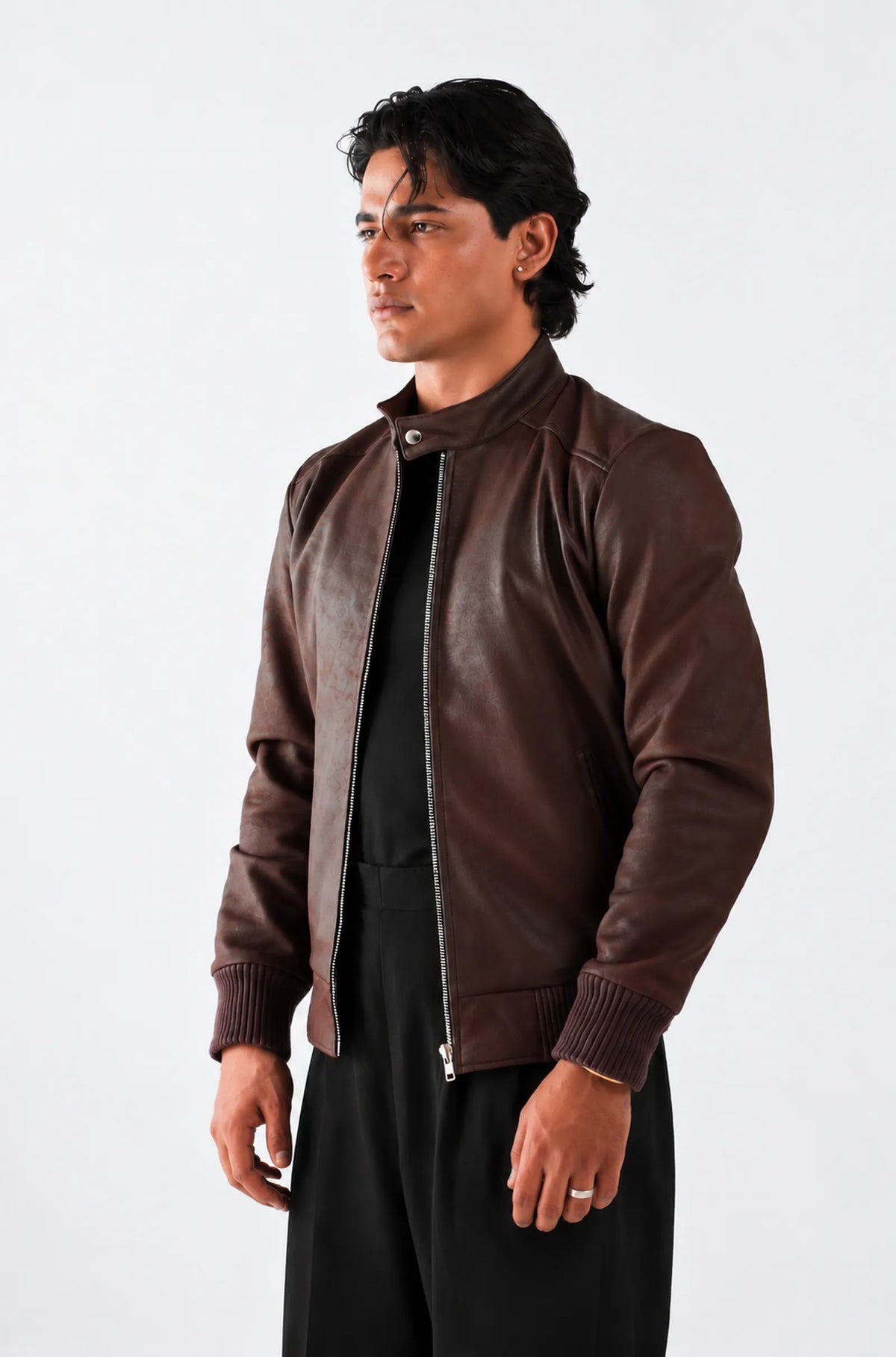 Dark Brown Leather Bomber Jacket with Stand Up Collar