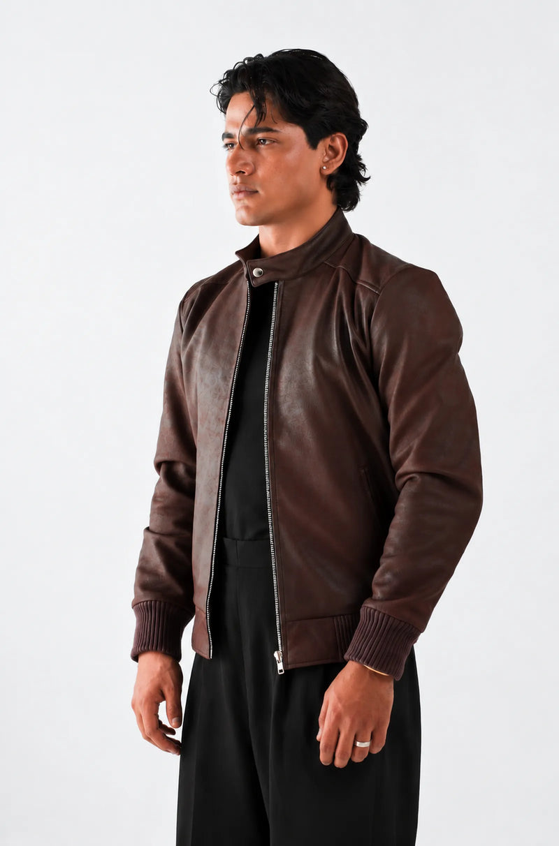 Dark Brown Leather Bomber Jacket with Stand Up Collar