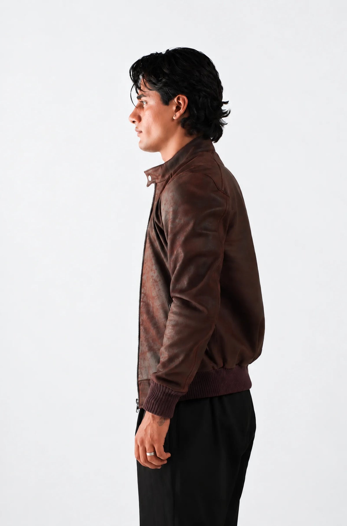 Dark Brown Leather Bomber Jacket with Stand Up Collar