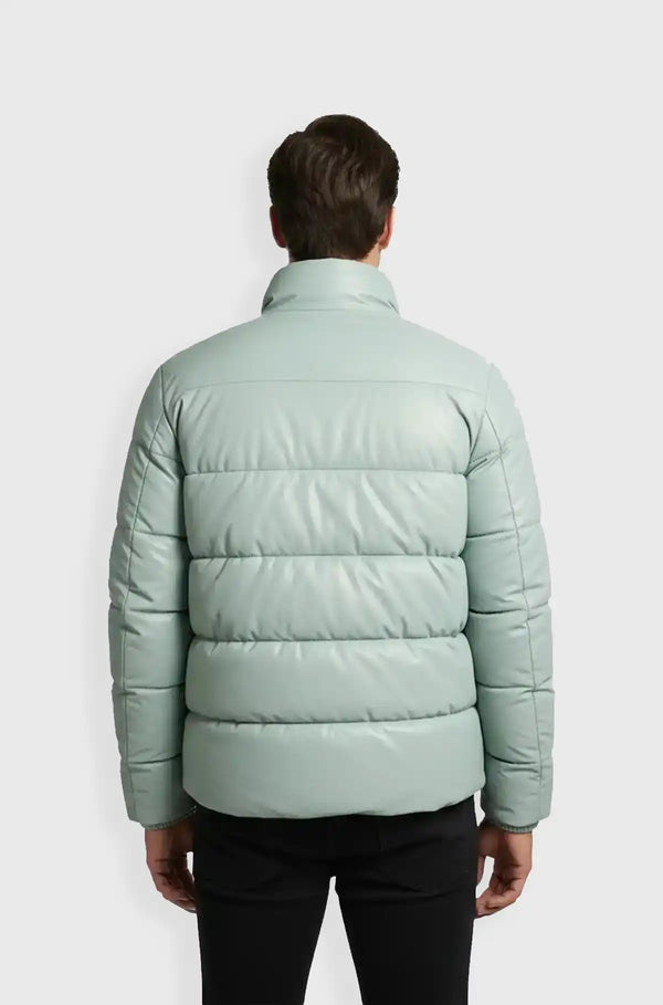 Mint Green Leather Puffer Jacket for Men