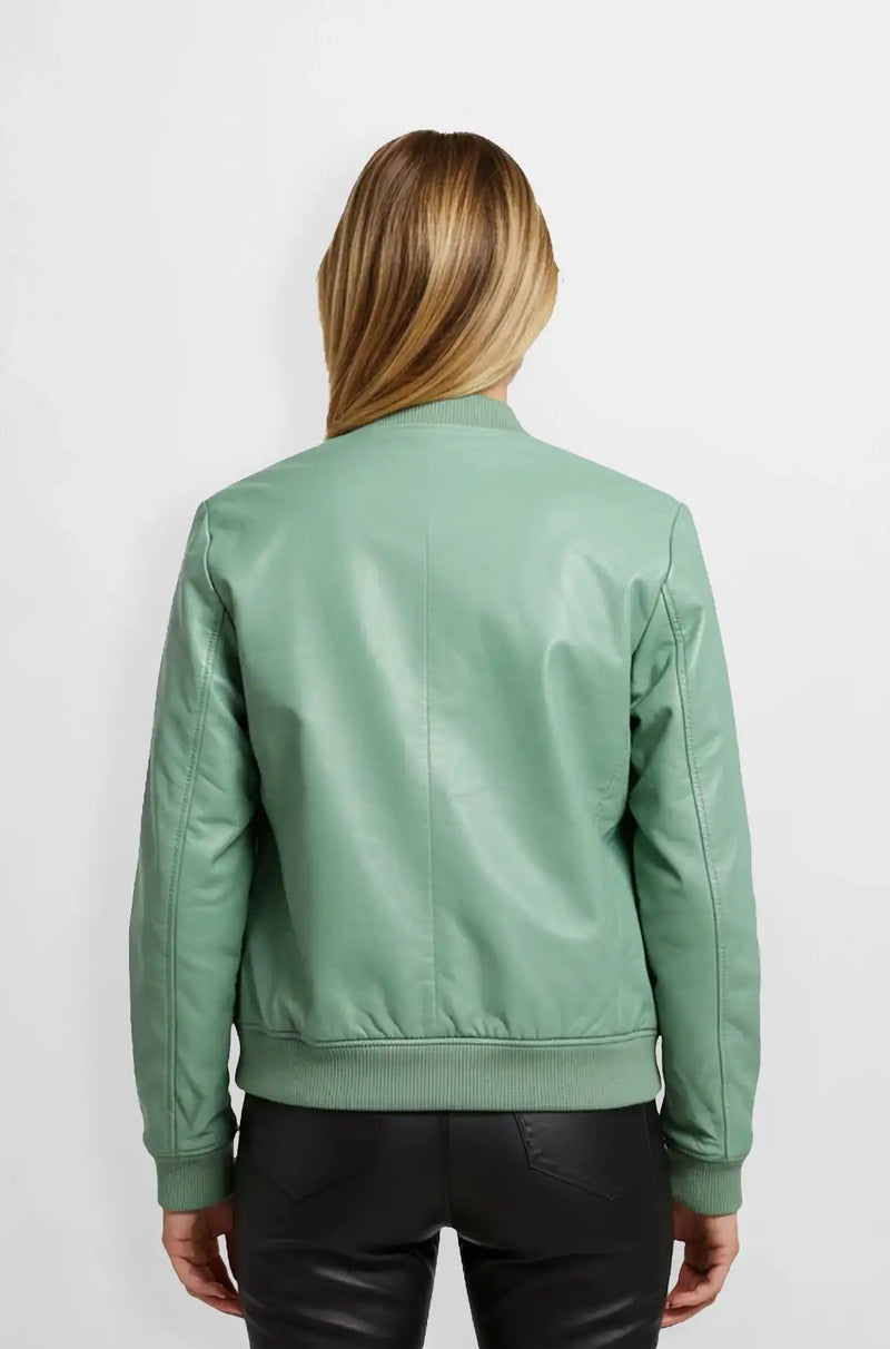 Mint Green Women Leather Bomber Jacket Back view