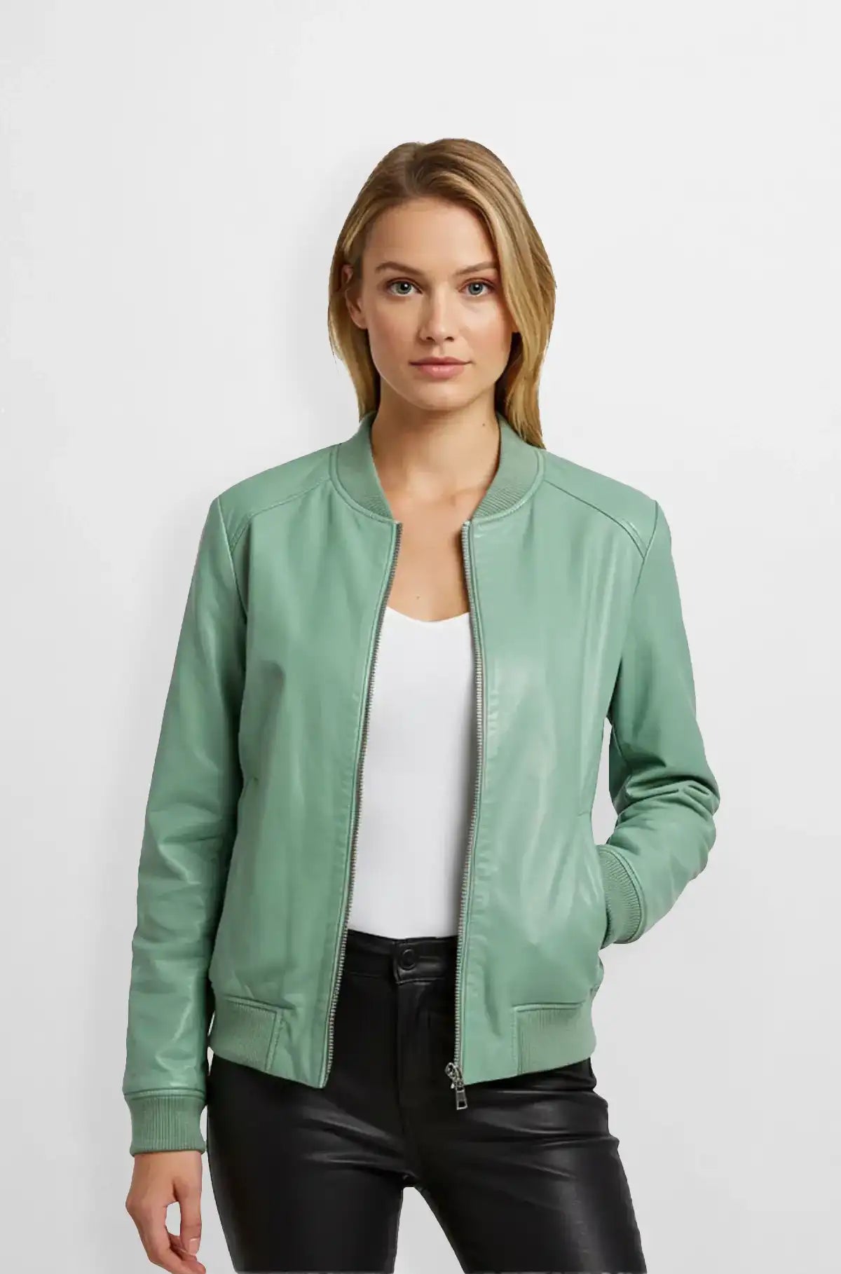 Mint Green Women Leather Bomber Jacket Front view