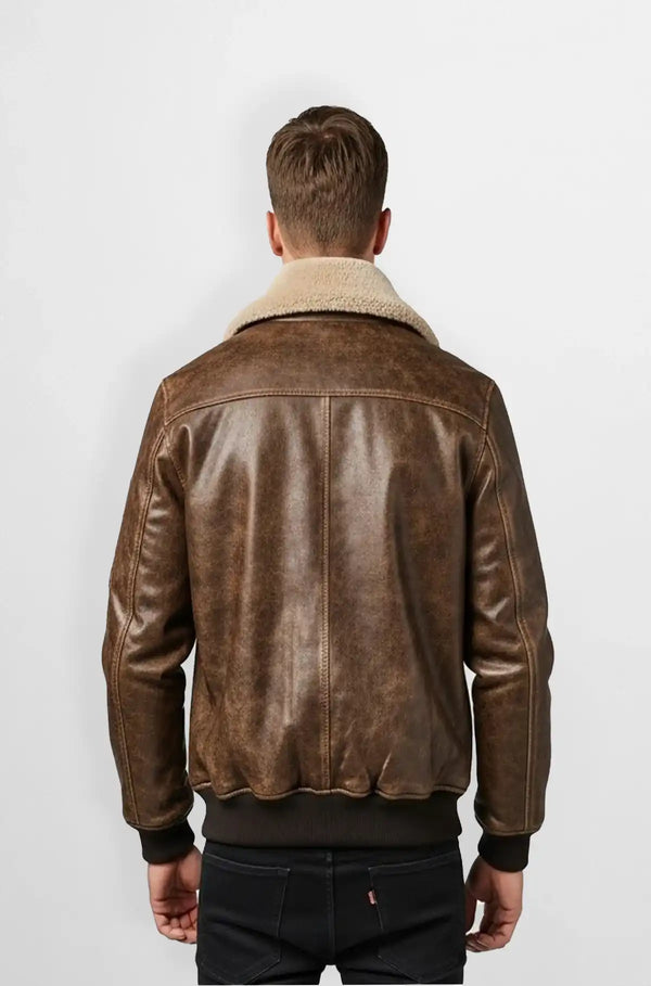 Mocha Brown Shearling  Bomber Leather Jacket