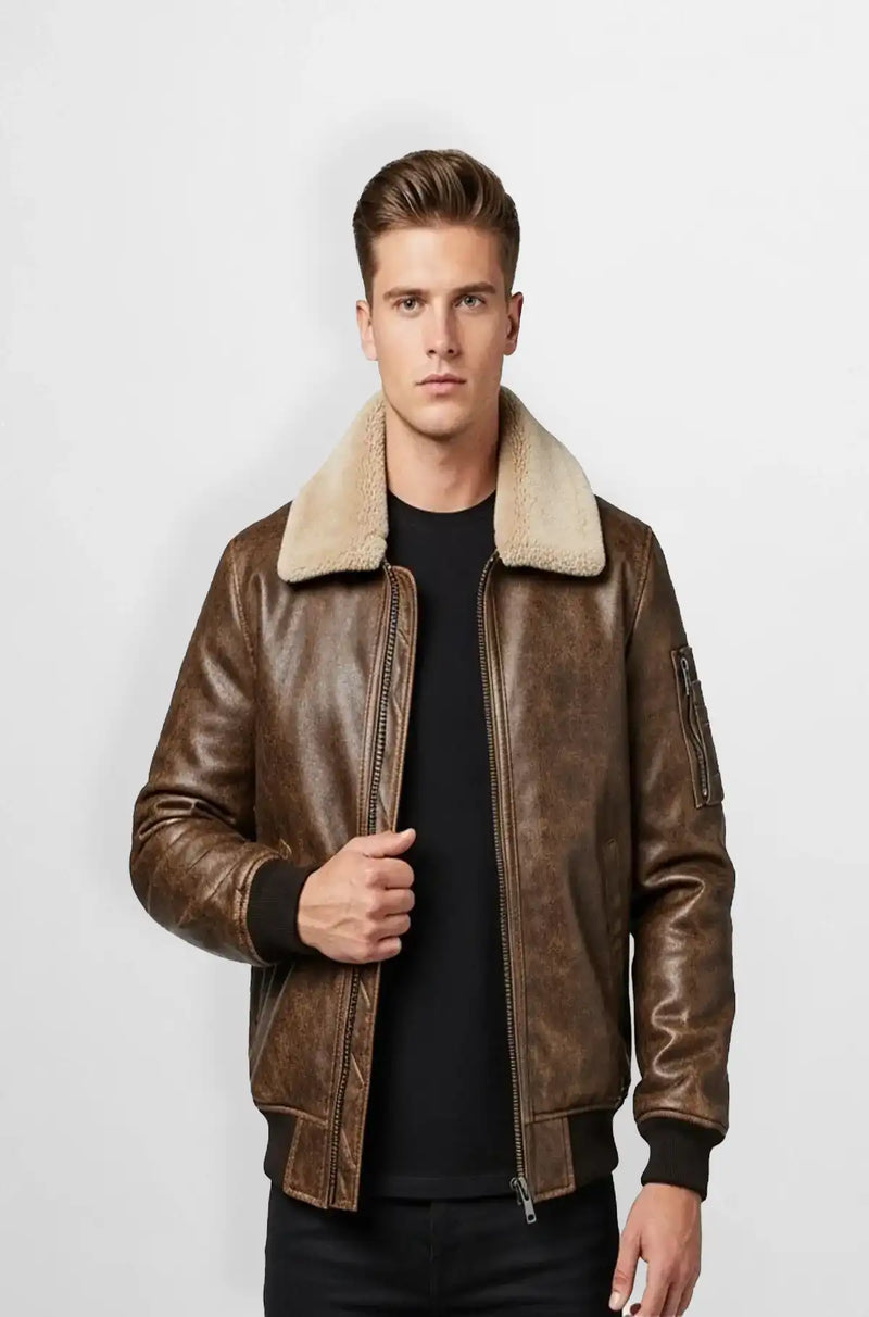 Mocha Brown Shearling  Bomber Leather Jacket