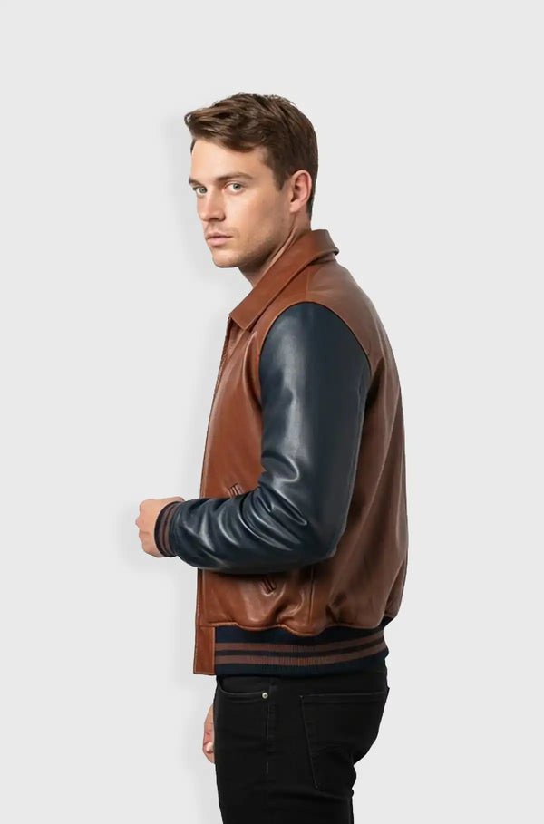 Mocha Brown and Matte Black Leather Bomber Jacket