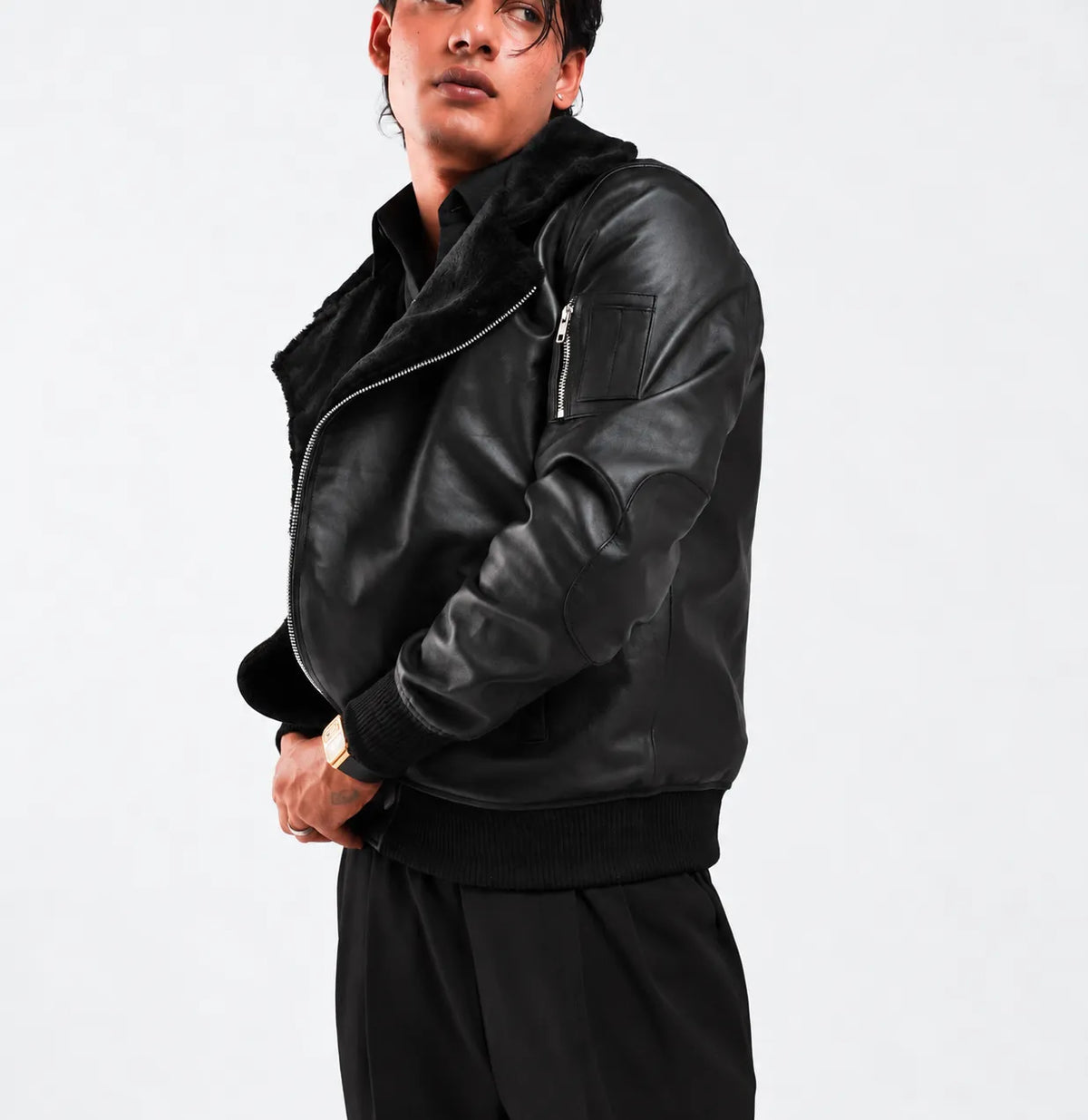 Men's Black Leather Aviator Bomber Jacket