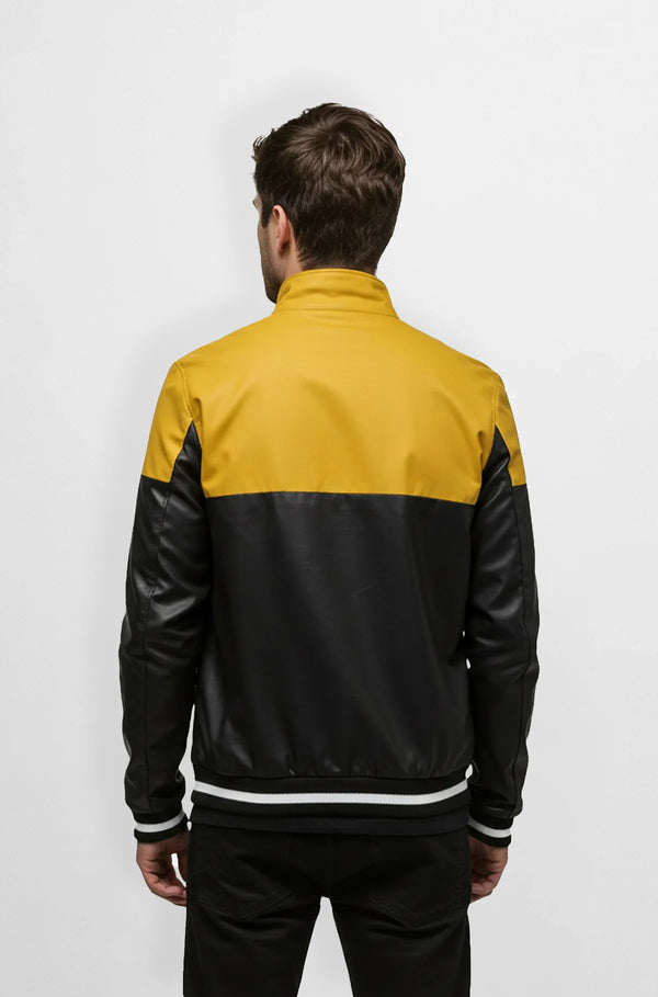 Mustard Yellow & Black Bomber Leather Jacket Back view
