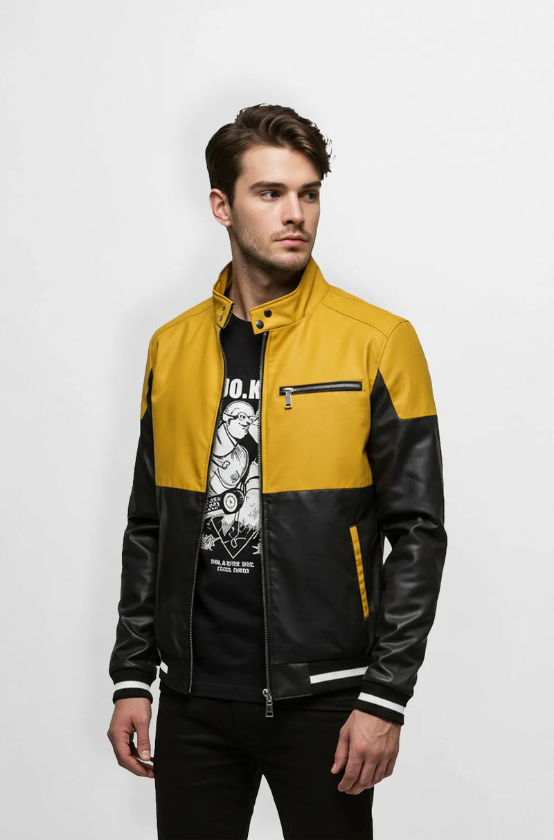 Mustard Yellow & Black Bomber Leather Jacket Front view