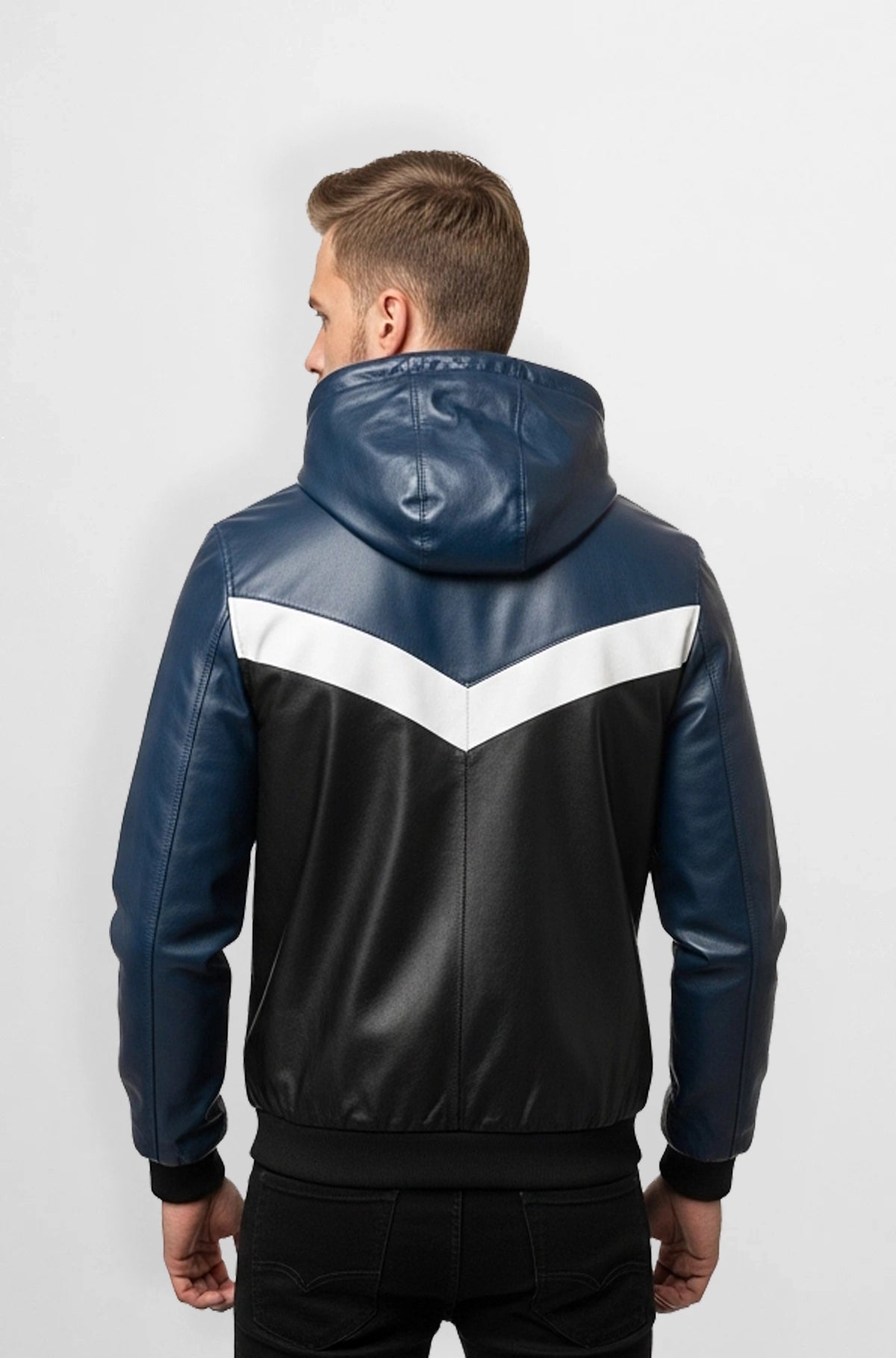 Navy Black Leather Hooded Bomber Jacket back view