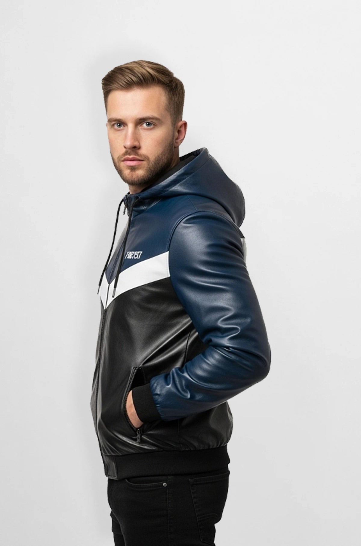 Navy Black Leather Hooded Bomber Jacket Side view