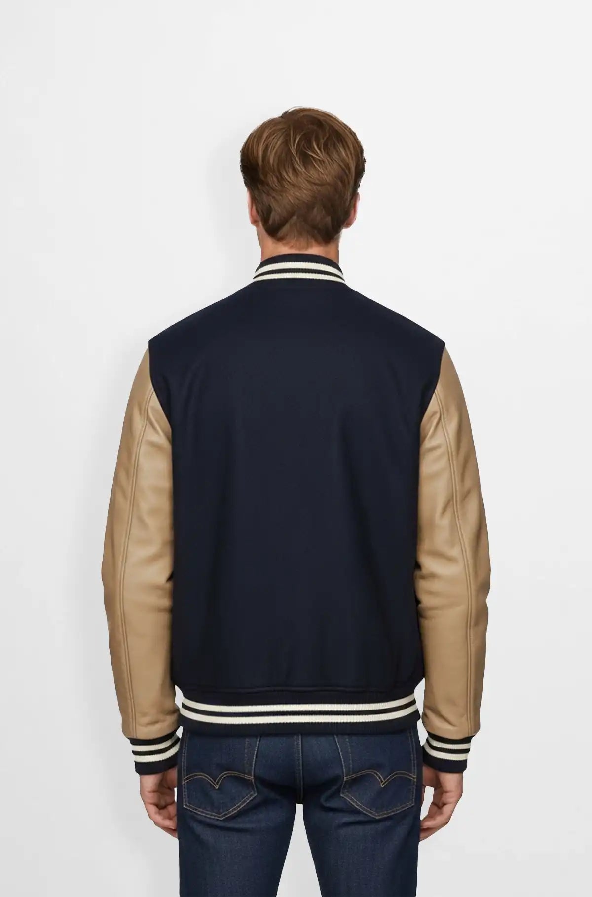 Navy Blue & Camel Varsity Leather Jacket back view