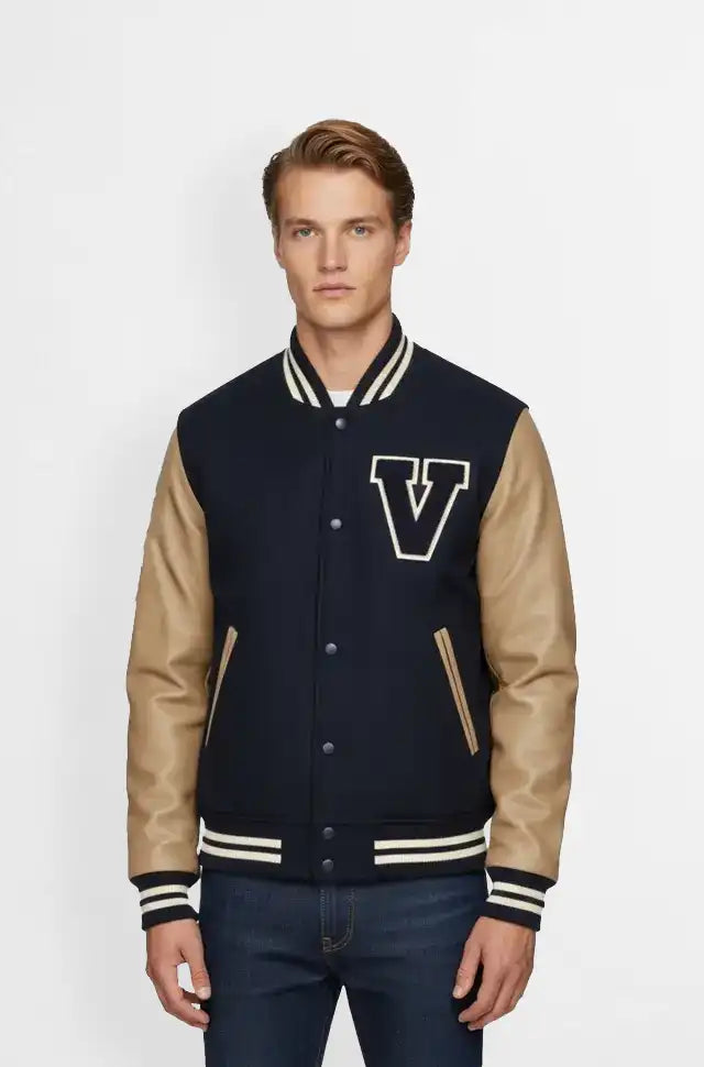 Navy Blue & Camel Varsity Leather Jacket front view