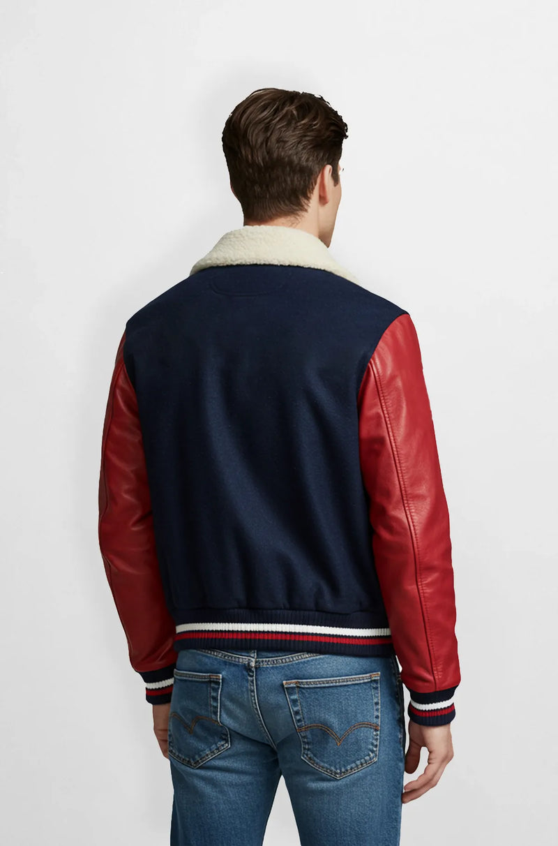 Navy Blue And Red Leather Sleeves Letterman Wool Jacket Back view