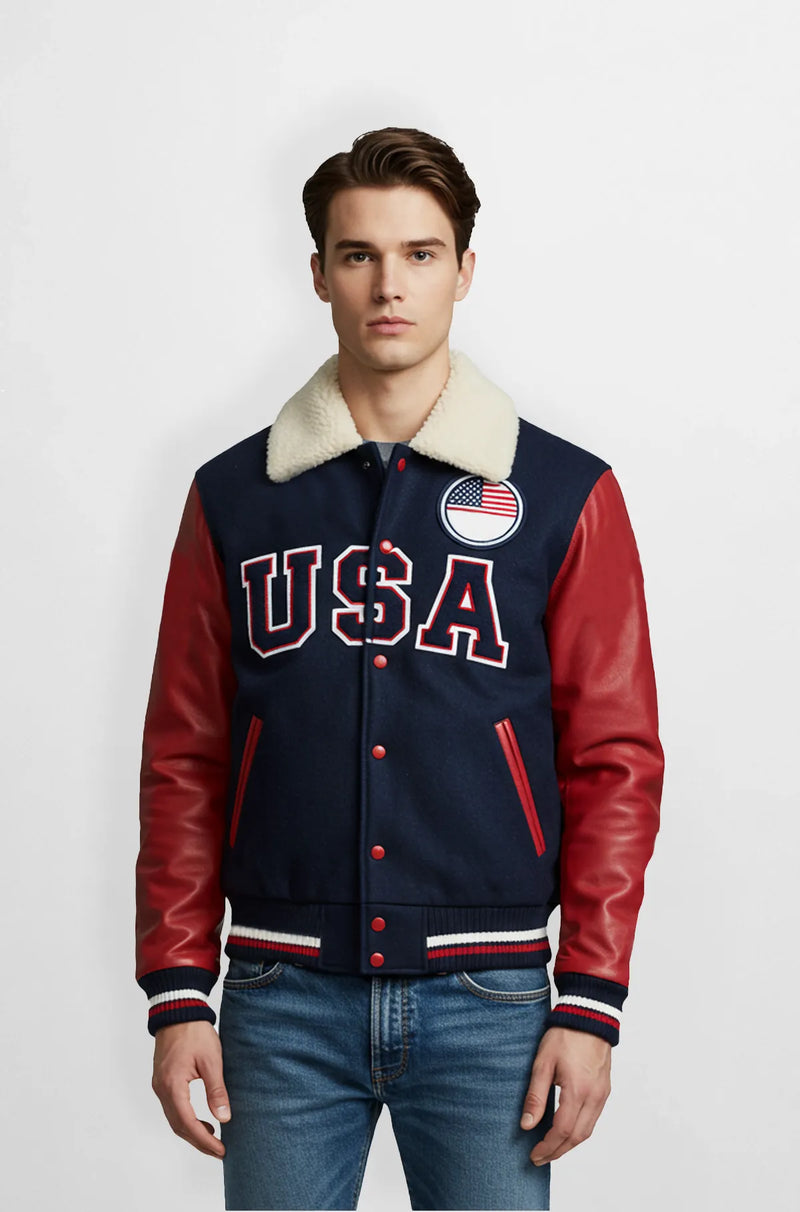 Navy Blue And Red Leather Sleeves Letterman Wool Jacket Front view