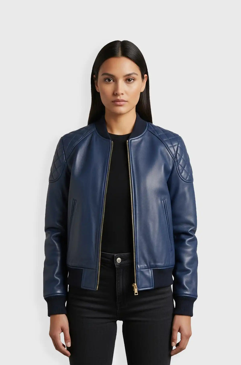 Premium Navy Blue Leather Bomber Jacket front view
