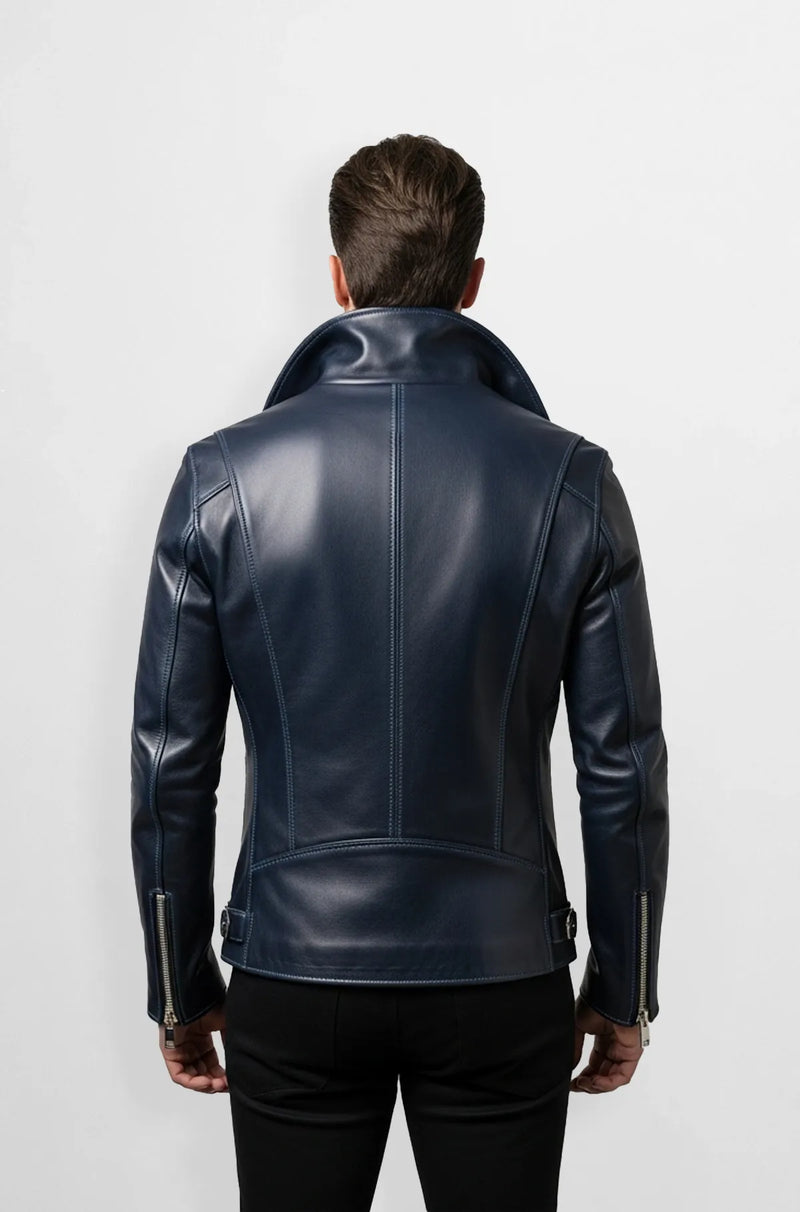 Navy Blue Leather Moto Jacket Back view