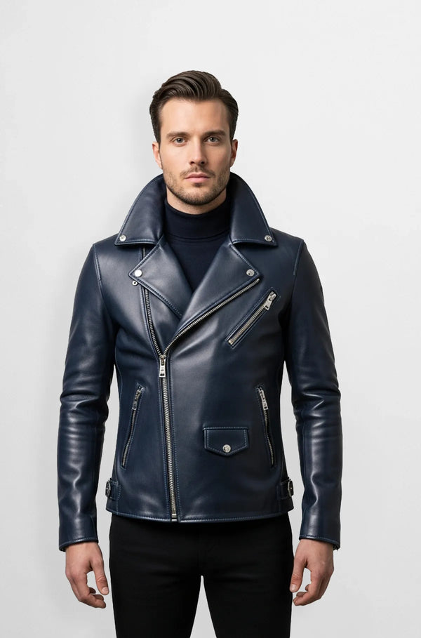Navy Blue Leather Moto Jacket Front view