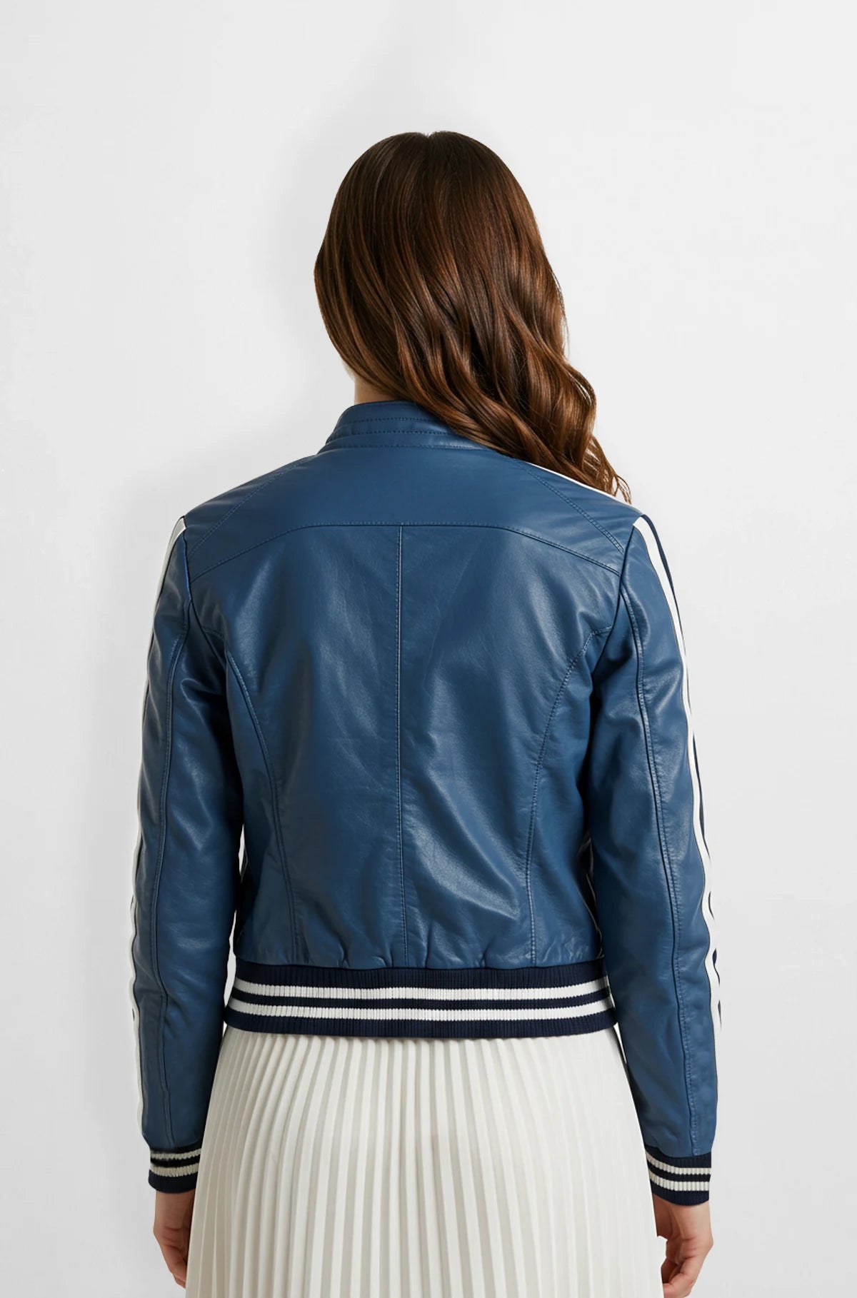 Navy Blue Leather Varsity Jacket Back view