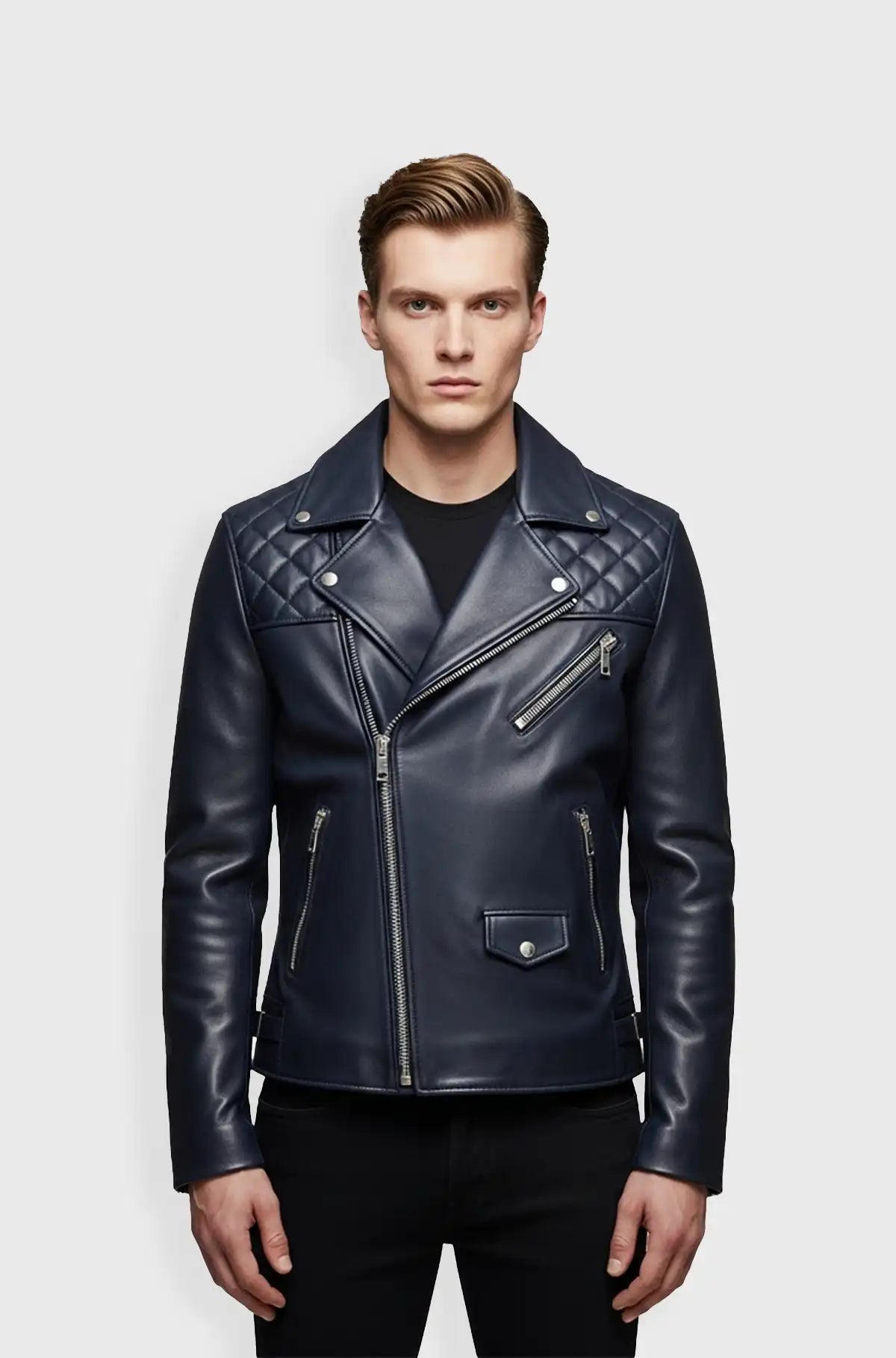 Navy Blue Quilted Leather Biker Jacket