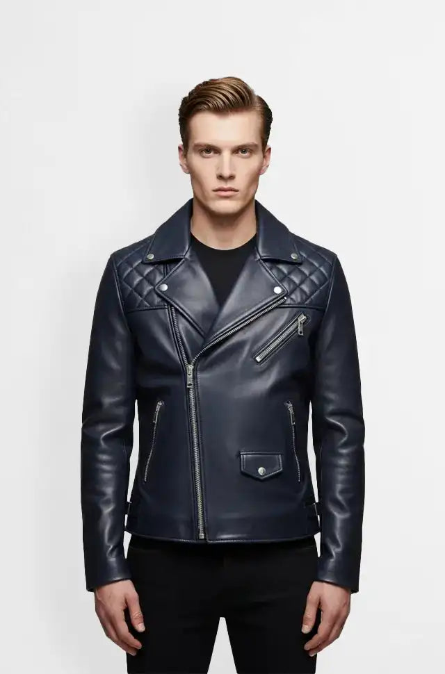 Navy Blue Quilted Leather Biker Jacket