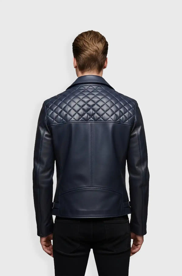 Navy Blue Quilted Leather Biker Jacket Back view
