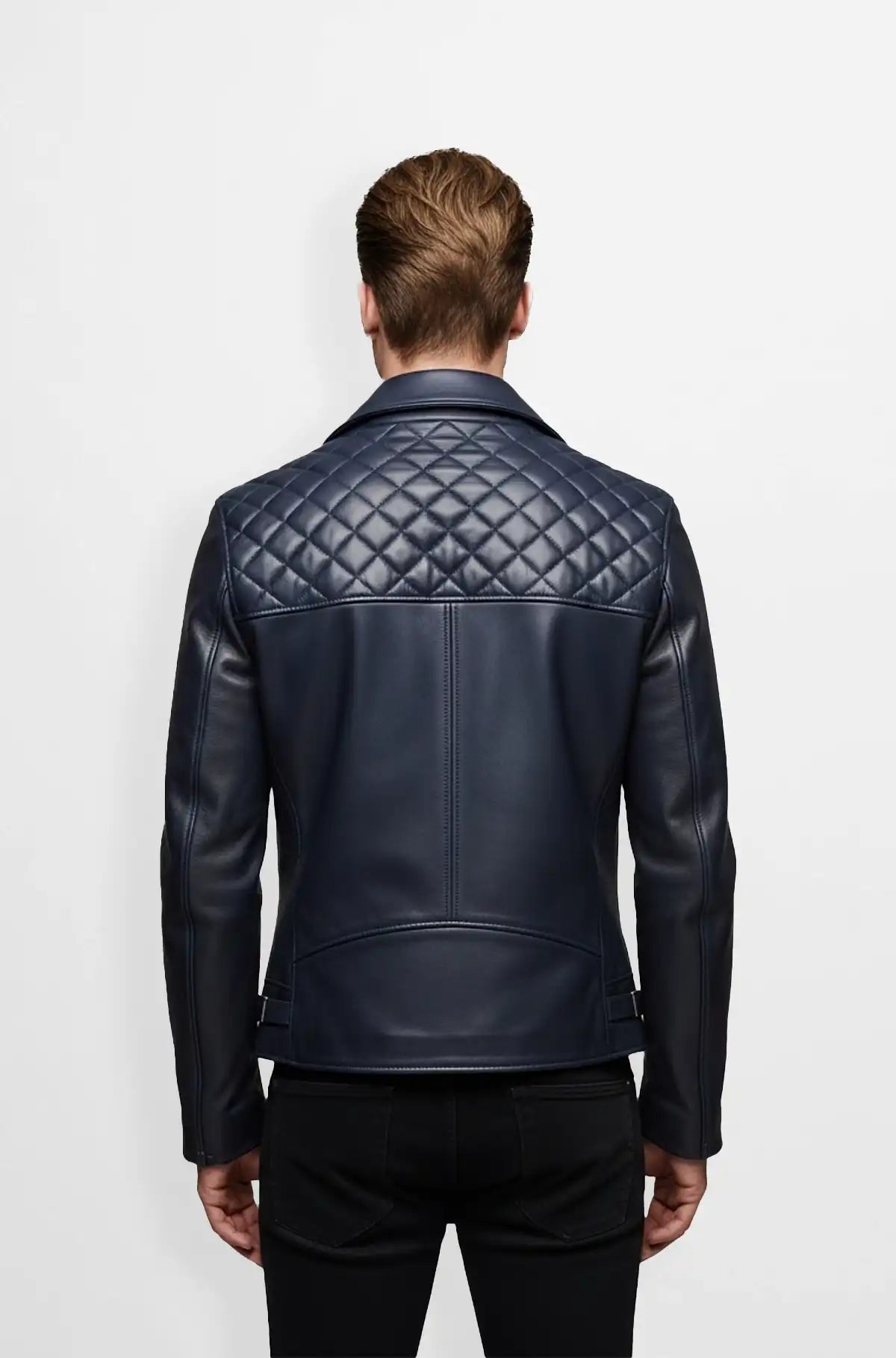 Navy Blue Quilted Leather Biker Jacket
