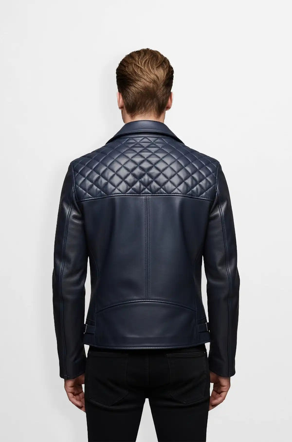 Navy Blue Quilted Leather Biker Jacket